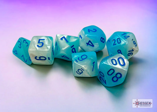 Gemini Polyhedral Pearl Turquoise-White/blue Luminary 7-Die Se