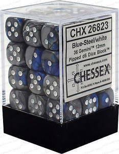 Chessex Gemini 12mm d6 Dice Blocks with pips Dice Blocks (36 Dice) - Blue-Steel w/white