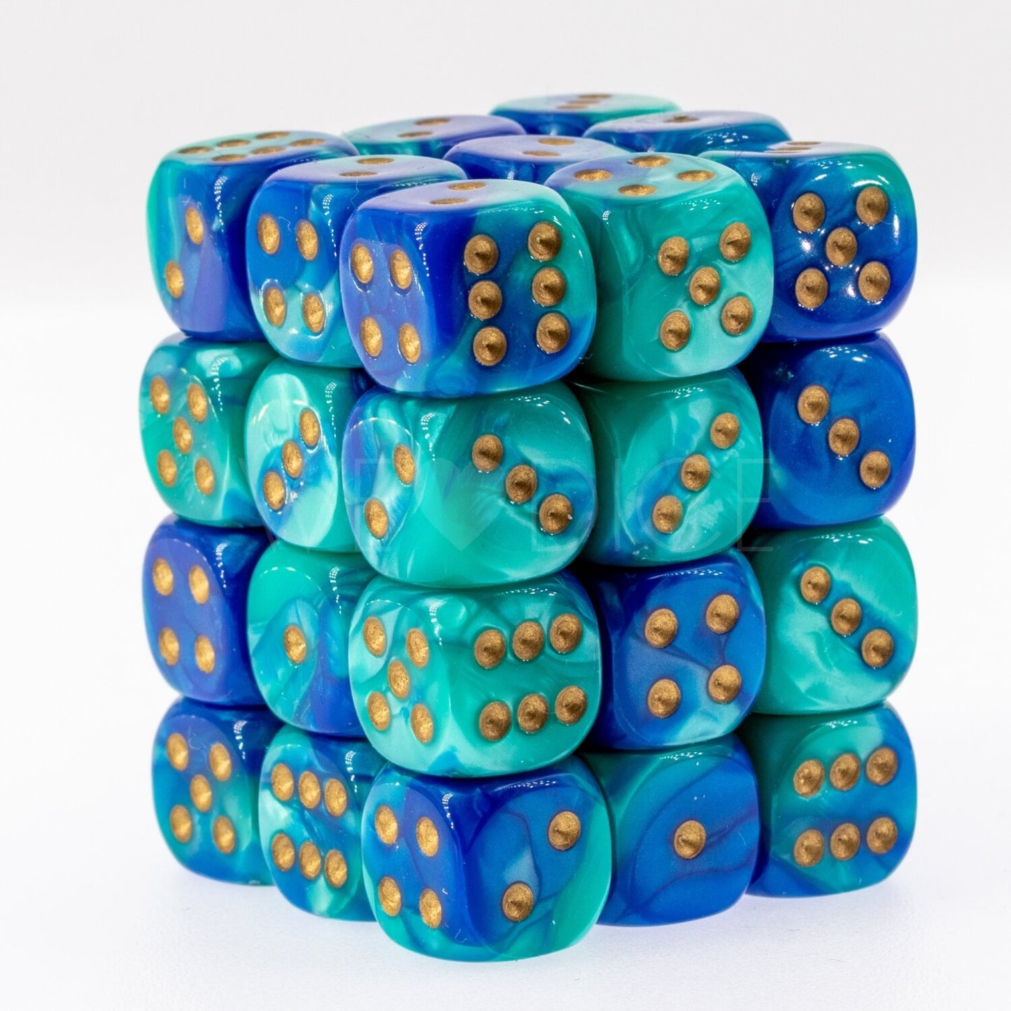 Chessex Gemini 12mm d6 Dice Blocks with pips Dice Blocks (36 Dice) - Blue-Teal w/gold