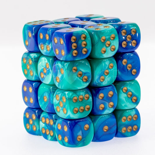 Chessex Gemini 12mm d6 Dice Blocks with pips Dice Blocks (36 Dice) - Blue-Teal w/gold