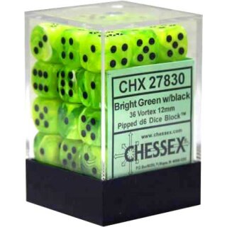 Chessex Signature 12mm d6 with pips Dice Blocks (36 Dice) - Vortex Bright Green w/black