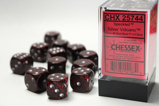 Chessex Speckled 16mm d6 with pips Dice Blocks (12 Dice) - Silver Volcano