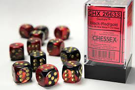 Chessex Gemini 16mm d6 with pips Dice Blocks (12 Dice) - Black-Red w/gold