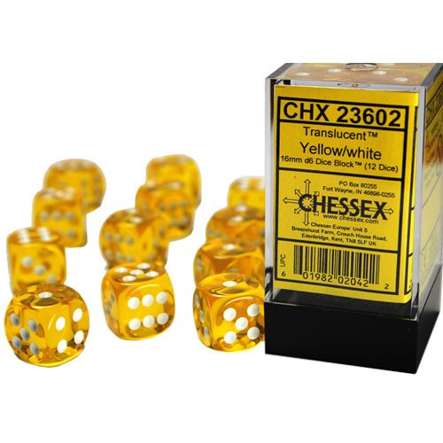 Chessex Translucent 16mm d6 with pips Dice Blocks (12 Dice) - Yellow w/white