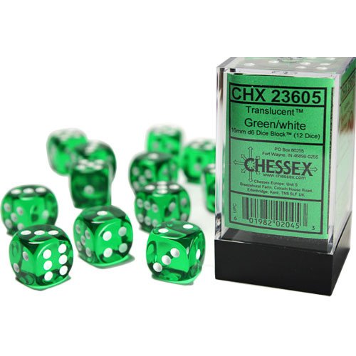 Chessex Translucent 16mm d6 with pips Dice Blocks (12 Dice) - Green w/white