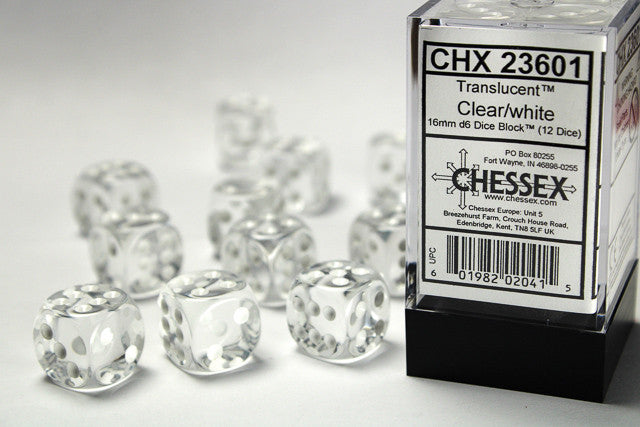 Chessex Translucent 16mm d6 with pips Dice Blocks (12 Dice) - Clear w/white