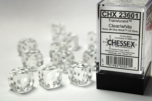 Chessex Translucent 16mm d6 with pips Dice Blocks (12 Dice) - Clear w/white