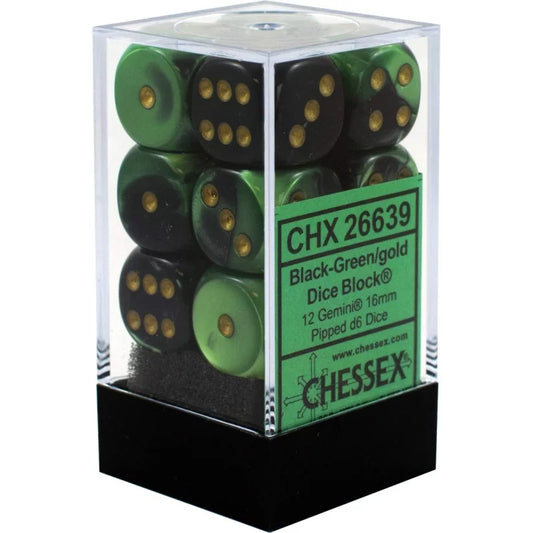 Chessex Gemini 16mm d6 with pips Dice Blocks (12 Dice) - Black-Green w/gold