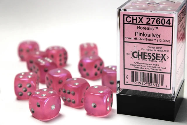 Chessex Borealis 16mm d6 Pink/silver Luminary Dice Block (12 dice)