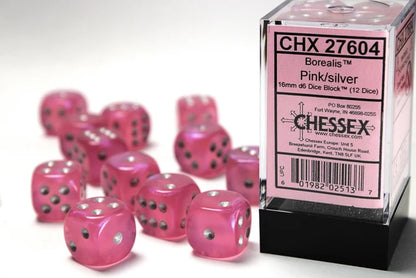 Chessex Borealis 16mm d6 Pink/silver Luminary Dice Block (12 dice)