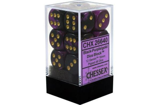 Chessex Gemini 16mm d6 with pips Dice Blocks (12 Dice) - Black-Purple w/gold