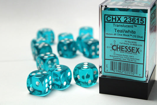 Chessex Translucent 16mm d6 with pips Dice Blocks (12 Dice) - Teal w/white